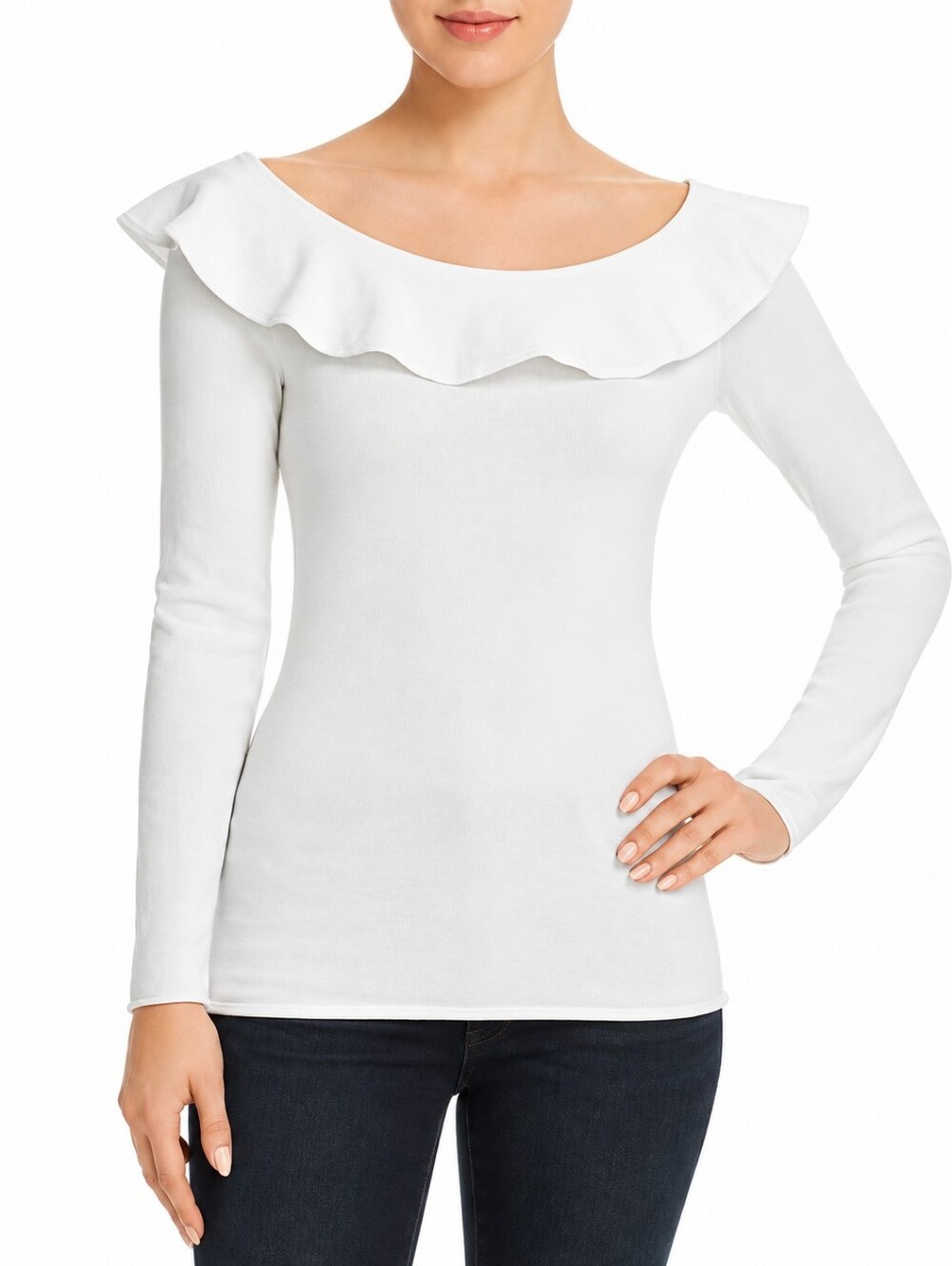 FRAME Off White Flounce Ruffle Off Shoulder Long Sleeve Minimalist Classic Top